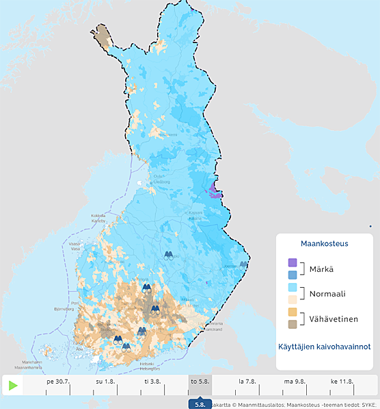 Kartta maankosteudesta Suomessa: maankosteus on etenkin eteläisessä Suomessa alhainen.